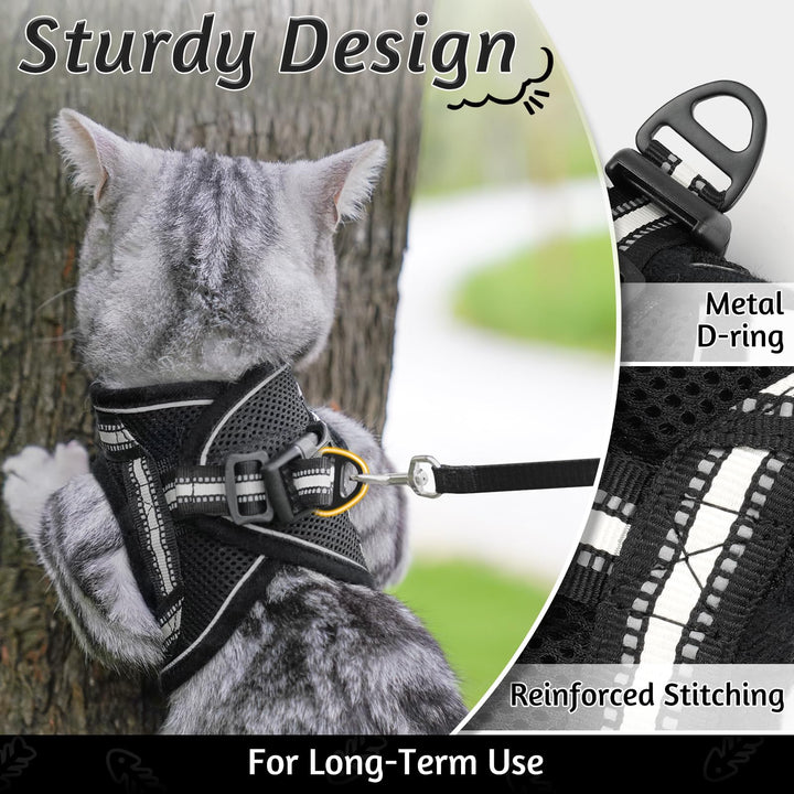 Cat Harness and Leash Set for Walking Escape Proof, Adjustable Soft Kittens Vest with Reflective Strip for Cats, Comfortable Outdoor Vest, Black, S