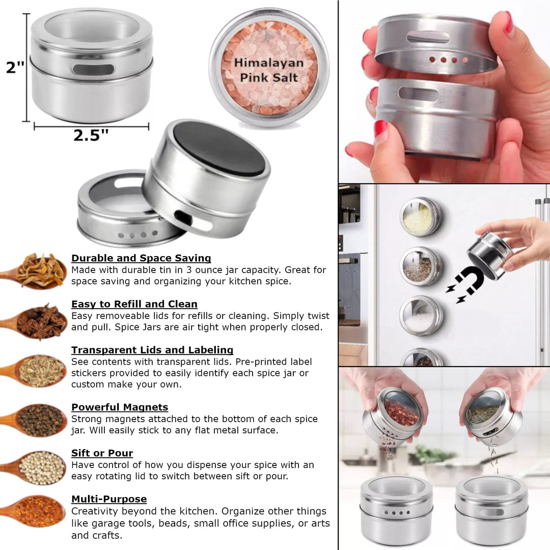 12-Piece Magnetic Spice Jar Set | Kitchen Essentials Seasoning Organizer | Durable Spice Tins with Sift-Pour Lids & Clear Viewing Window | Ideal for Kitchen Refrigerator & Cabinet Organization