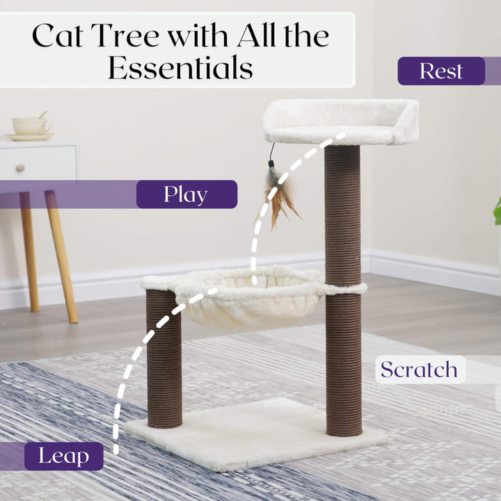 Nirvana 3-Level Kitten Tree with Plush Perch, Soft Hammock, and Paper Rope Scratching Posts, Minimalist Cat Furniture for Climbing, Scratching & Resting, Ideal for Kittens & Small Cats, Beige