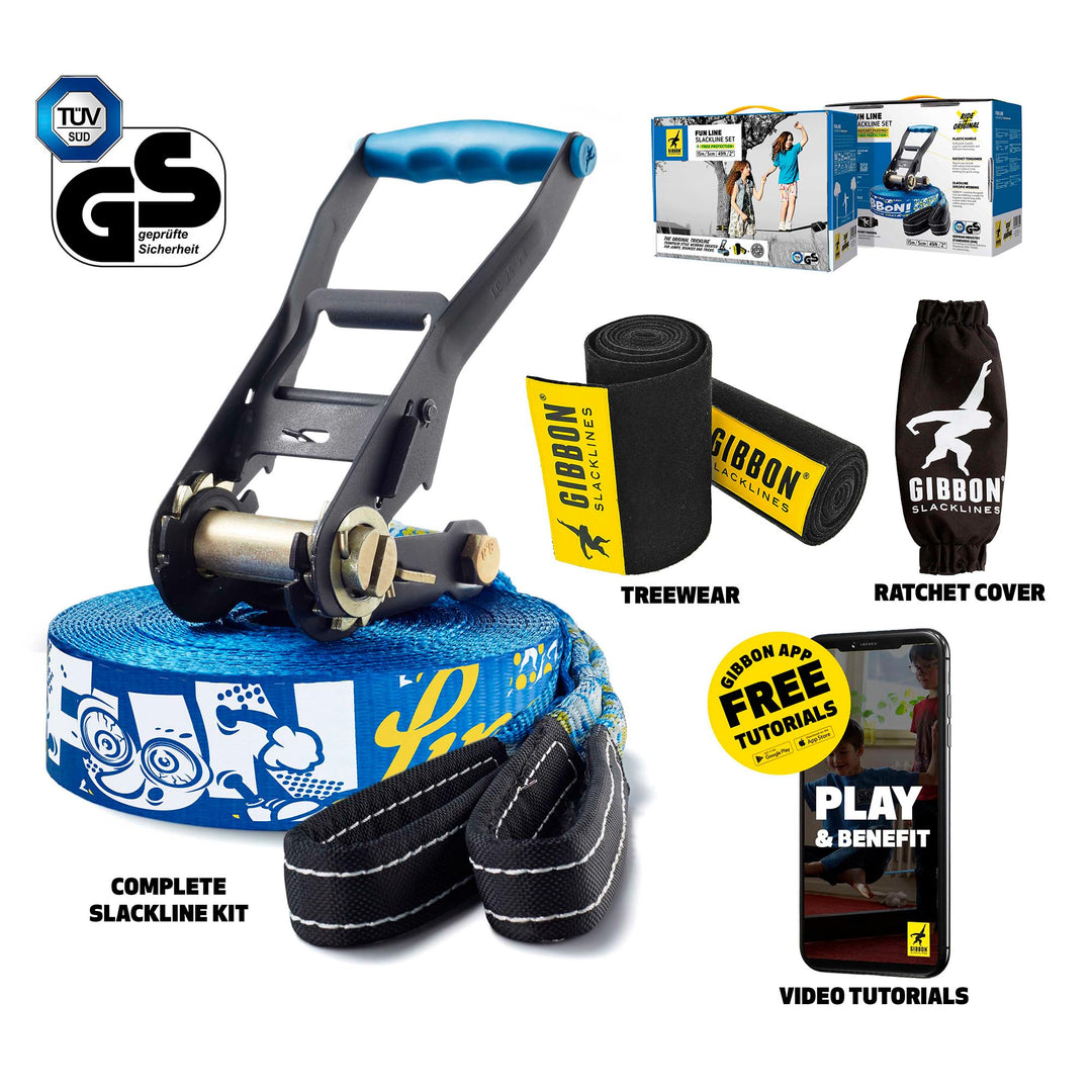 FunLine Slackline with TreeWear - Beginner & Kids Slack Line 49ft (41ft line + 8ft Ratchet Strap with Reinforced Loop), 2 Line
