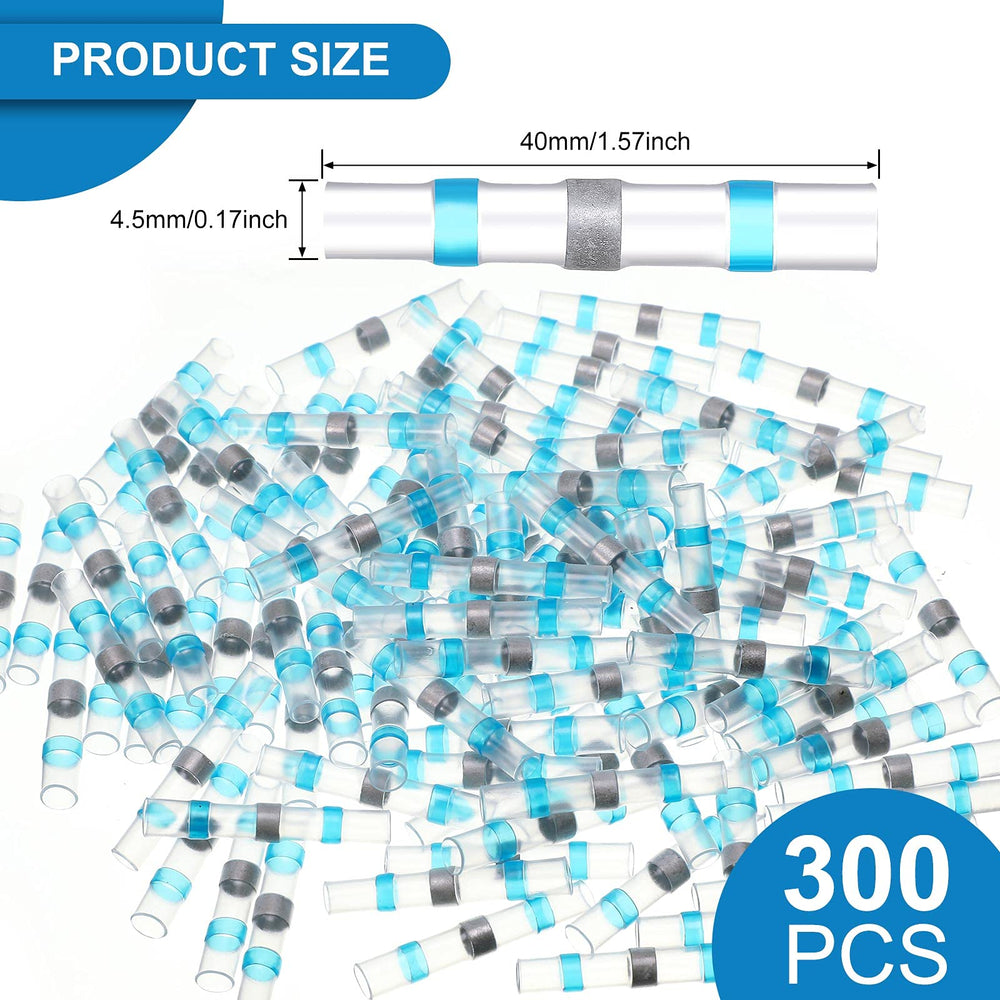 300 Pcs Butt Splice 16-14 Awg Blue Solder Seal Wire Connectors Heat Shrink Waterproof Insulated Electrical Butt Splice Wire Terminals Automotive Marine Electrical Terminals for Boat Trailer Stereo