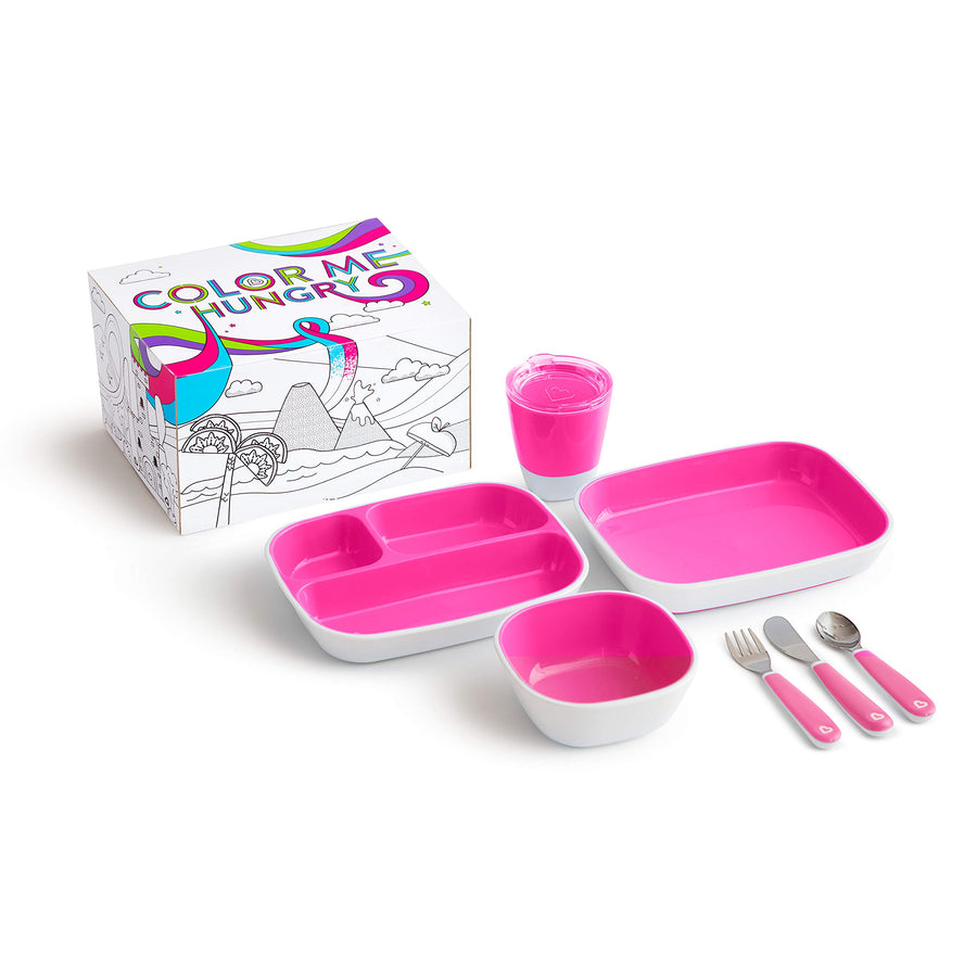 ® Color Me Hungry 7pc Toddler Feeding Supplies Set, Includes Plates, Bowl, Open Cup and Utensils in a Gift Box, Pink