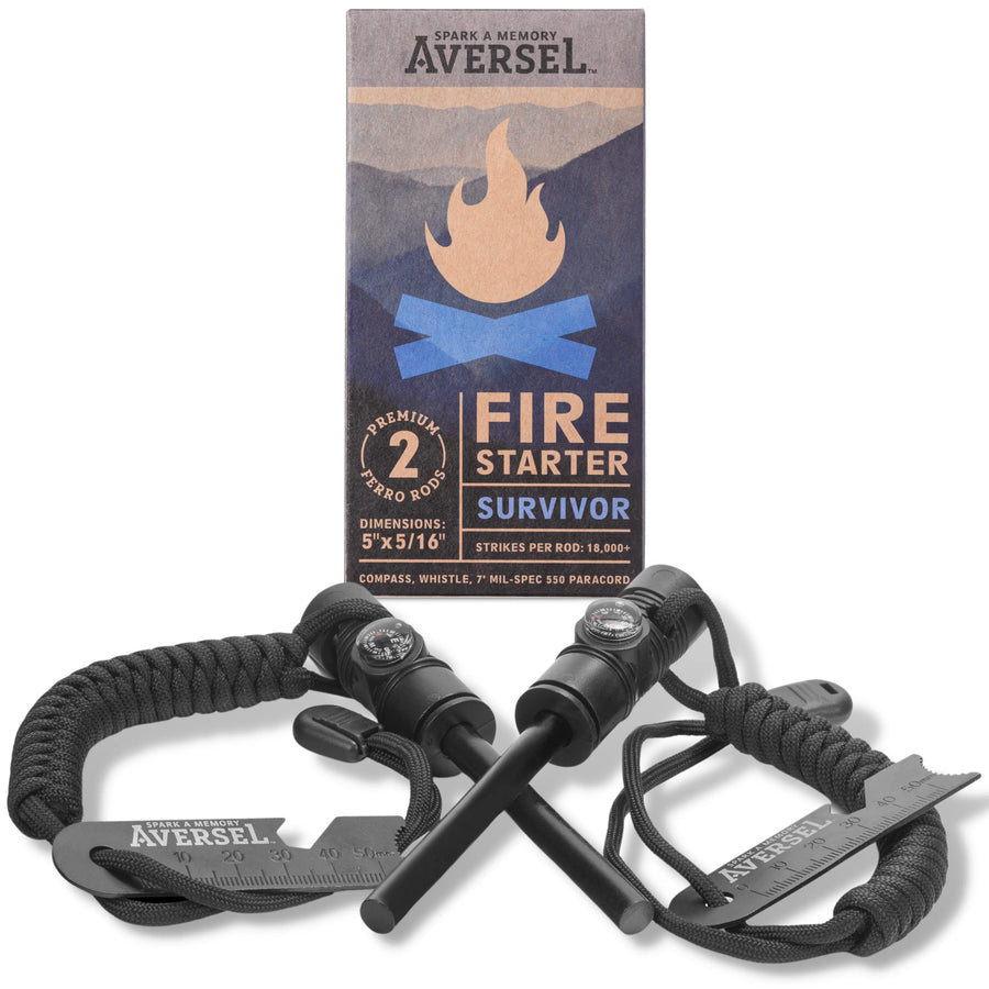 Fire Starter Ferro Rods - 2 Premium 5x5/16 Ferro Rods - Each Rod includes Emergency Compass, 150 dB Whistle, 7' 550 Mil-Spec Paracord, Multi-Tool - 18,000+ Strikes Per Rod - Hemp Wick Bellow
