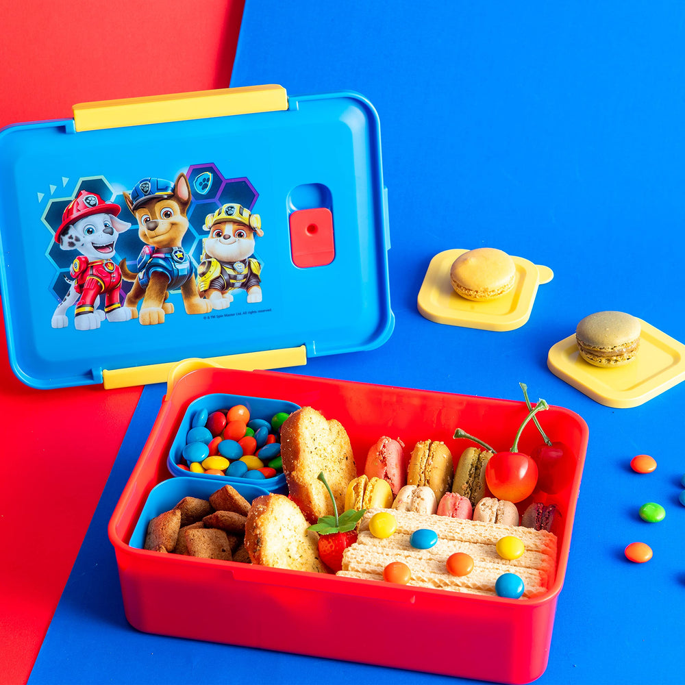 PAW Patrol Reusable Plastic Bento Box with Leak-Proof Seal, Carrying Handle, Microwave Steam Vent, and Individual Containers for Kids' Packed Lunch (3 PCs Set)
