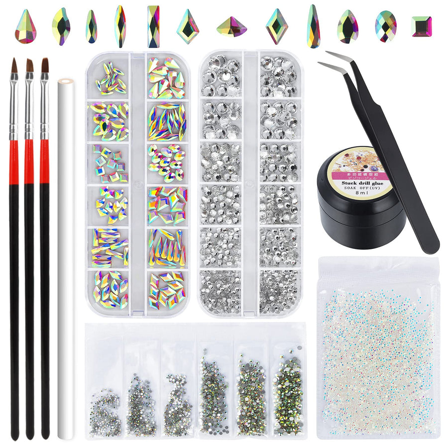 nail art Rhinestones 5000pcs+2000pcs+1728pcs+120pcs Multi Shapes Glass Crystal AB Rhinestones for nail gems with tools and nail rhinestone glue nail decoration and accessories kit.