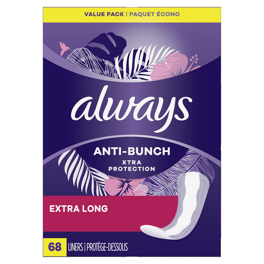 Anti-Bunch Xtra Protection, Panty Liners For Women, Light Absorbency, Extra Long Length, Leakguard + Rapiddry, Unsented, 68 Count