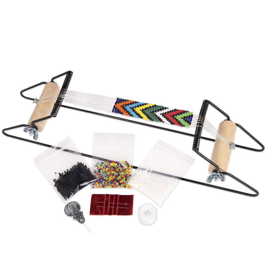 Metal Bead Loom Kit, Includes Loom (12.5 x 2.5 x 3), Thread, Needles, and 18 Grams Glass Beads for Bracelets, Necklaces, Belts, and More