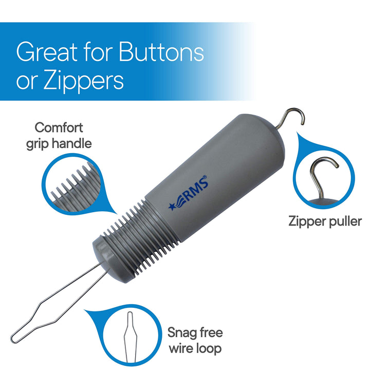 Button Hook with Zipper Pull | Comfort & Wide Grip | Shirt & Coat Buttoning Aid Ideal for Limited Dexterity Caused by Arthritis (Grey)