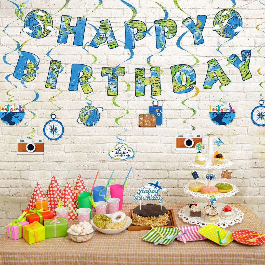 38 Pieces Travel Theme Birthday Party Decorations The Place You'll Go Birthday Banner Let The Adventure Begin Hanging Swirls Bon Voyage Cake Toppers for Birthday Baby Shower Party Supplies