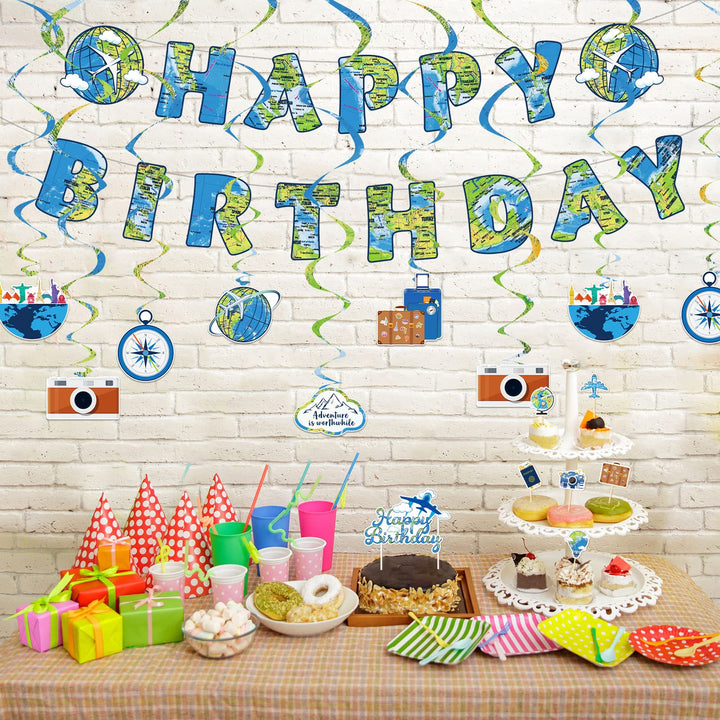 38 Pieces Travel Theme Birthday Party Decorations The Place You'll Go Birthday Banner Let The Adventure Begin Hanging Swirls Bon Voyage Cake Toppers for Birthday Baby Shower Party Supplies