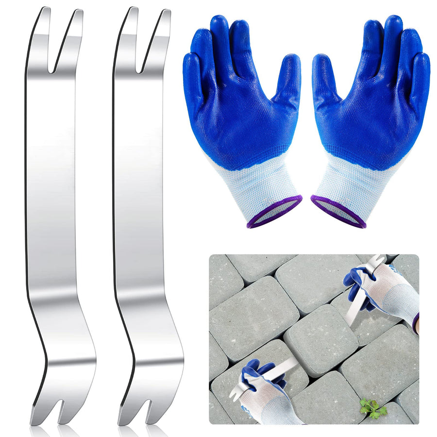 3 Piece Set - Stainless Steel Paver Extractor Tool and Nitrile Garden Gloves for Patio, Lawn and Garden