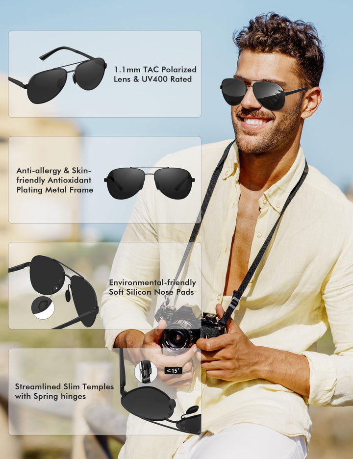 Aviator Sunglasses for Men Women Polarized - Silver Frame Blue Lens Mirrored Driving uv 400 Protection