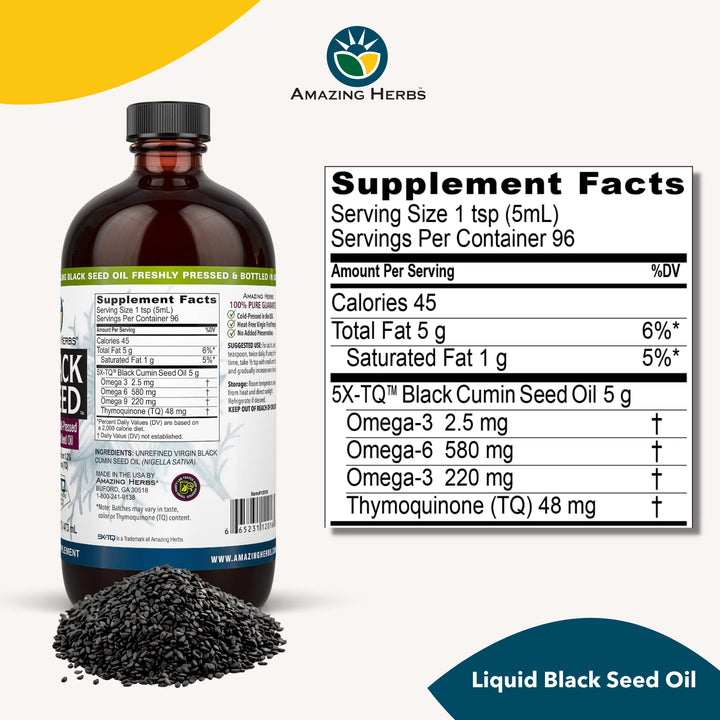 Premium Black Seed Oil - Cold Pressed Nigella Sativa Aids in Digestive Health, Immune Support, Brain Function, Joint Mobility, Gluten Free, Non GMO - 16 Fl Oz