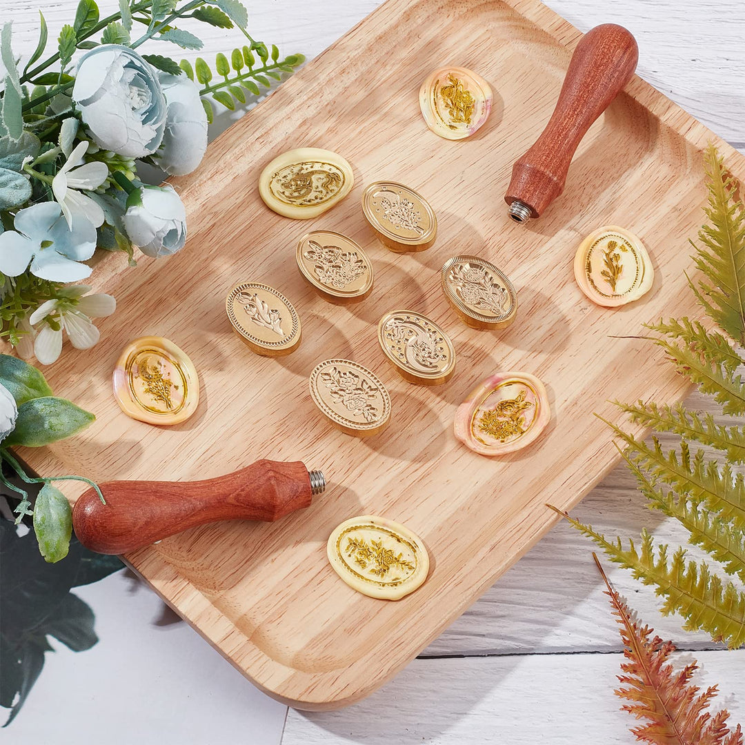 Wax Seal Stamp Set 6PCS Oval Sealing Stamp Heads with 2PCS Universal Wood Handles, 2030mm Brass Stamp Heads Set for Invitations Cards Birthday Gift Decoration