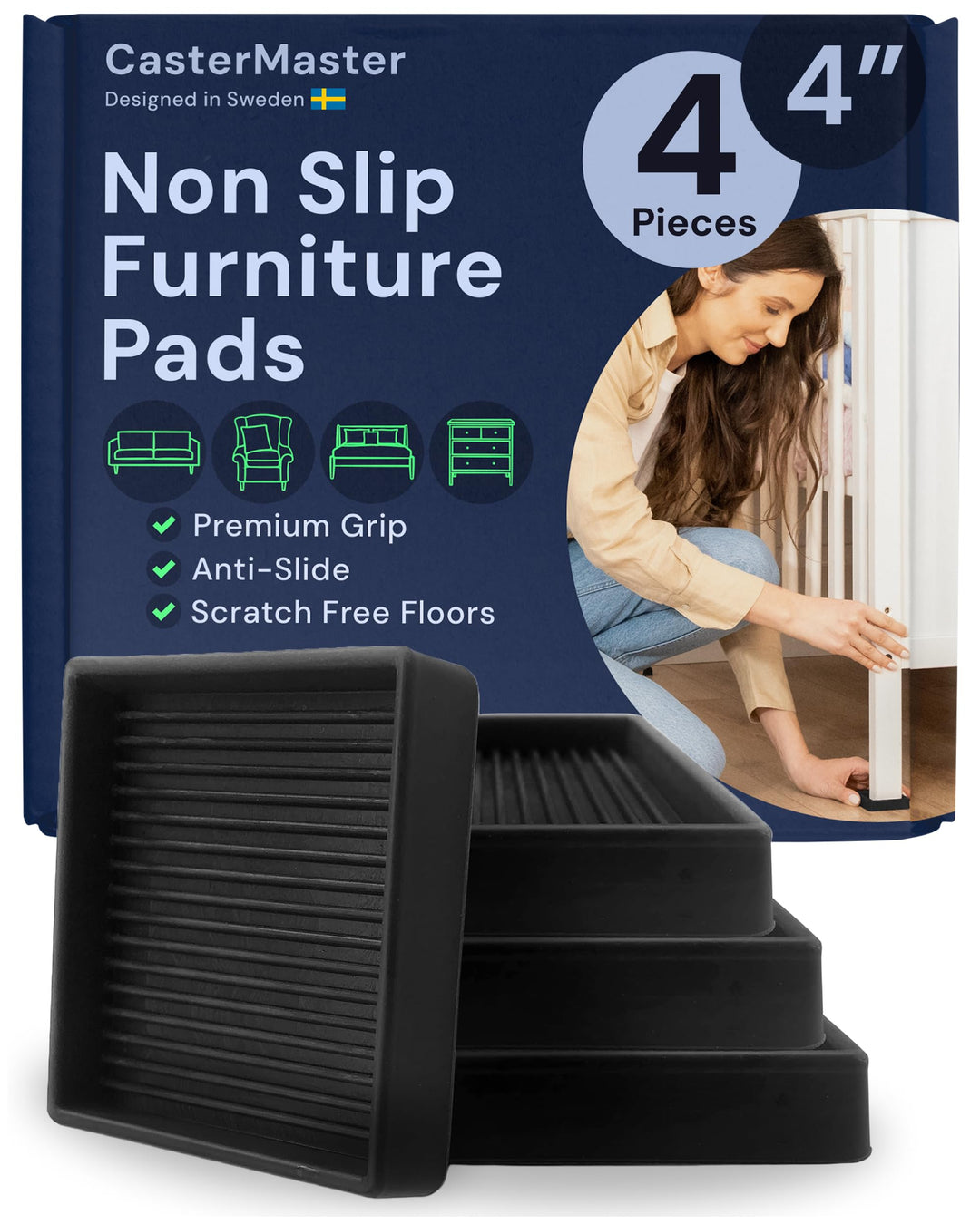 Non Slip Furniture Pads - 4x4 Black Square Rubber Anti Skid Caster Cups Leg Coasters - Couch, Chair, Feet, and Bed Stoppers with Anti - Sliding Floor Grip (Set of 4)