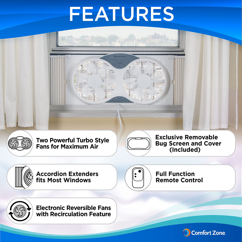 Twin Window Fan with Remote Control, Removable Cover, Reversible, 9 inch, 3 Speed, 3 Function, Expandable, Exhaust, Airflow 8.40 ft/sec, Ideal for Home, Kitchen, Bedroom & Office, CZ310R