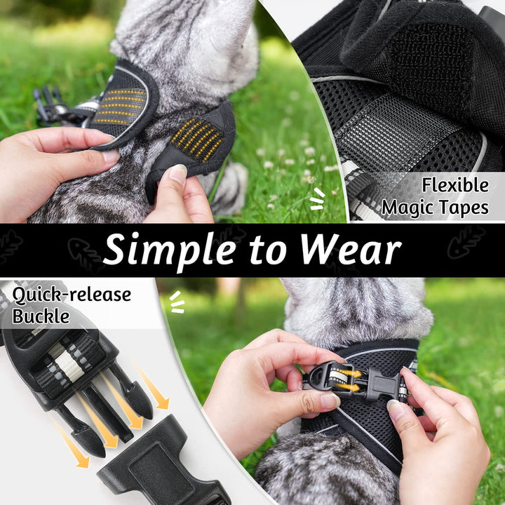Cat Harness and Leash Set for Walking Escape Proof, Adjustable Soft Kittens Vest with Reflective Strip for Cats, Comfortable Outdoor Vest, Black, S