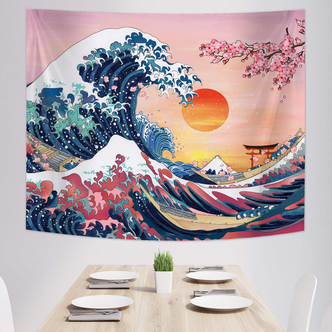 The Great Wave Tapestry Japanese Ocean Wave Wall Tapestry Cherry Blossom Tree Backdrop Sunset Tapestry Mountain Hanging Kanagawa Tapestry for Japanese Living Room Bedroom Decorations (59 x 78.7 Inch)