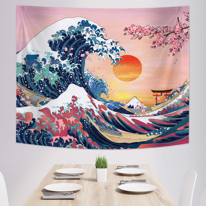 The Great Wave Tapestry Japanese Ocean Wave Wall Tapestry Cherry Blossom Tree Backdrop Sunset Tapestry Mountain Hanging Kanagawa Tapestry for Japanese Living Room Bedroom Decorations (59 x 78.7 Inch)