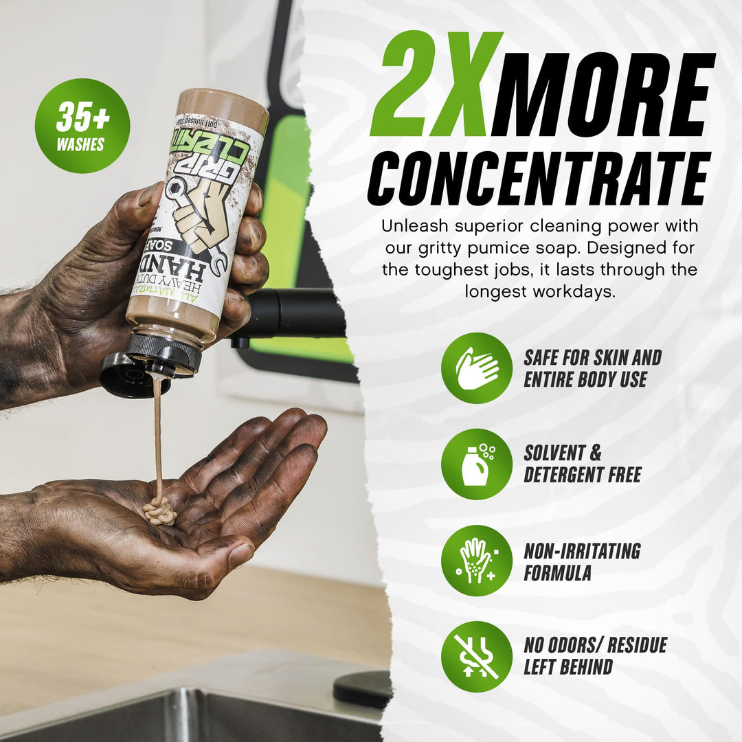 - Hand Cleaner for Mechanics – Heavy-Duty Mechanic Soap, Liquid Hand Soap with Natural Pumice & Clay to Absorb Tough Grease, Oil & Dirt – Moisturizing Coconut Oil, Lime Scent (8oz)