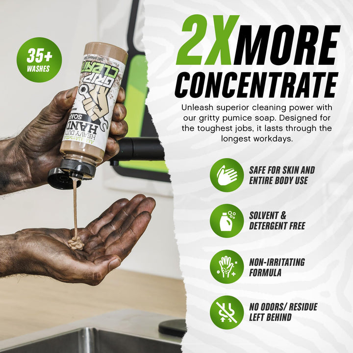 - Hand Cleaner for Mechanics – Heavy-Duty Mechanic Soap, Liquid Hand Soap with Natural Pumice & Clay to Absorb Tough Grease, Oil & Dirt – Moisturizing Coconut Oil, Lime Scent (8oz)