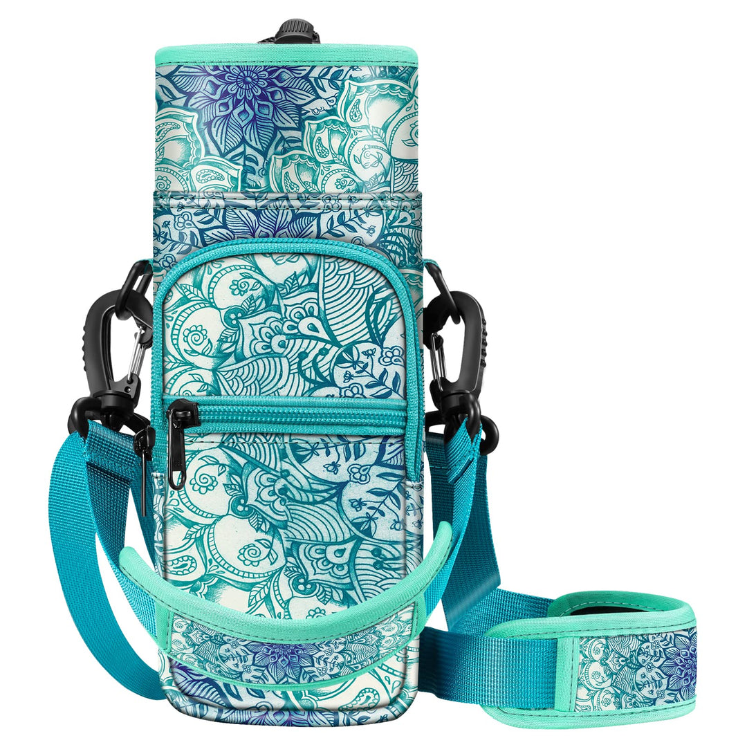 Water Bottle Carrier Bag Sling Case, Sports Water Bottle Pouch Holder Sleeve with Adjustable Shoulder Hand Strap and 2 Pockets for Men Women Hiking Camping Travelling