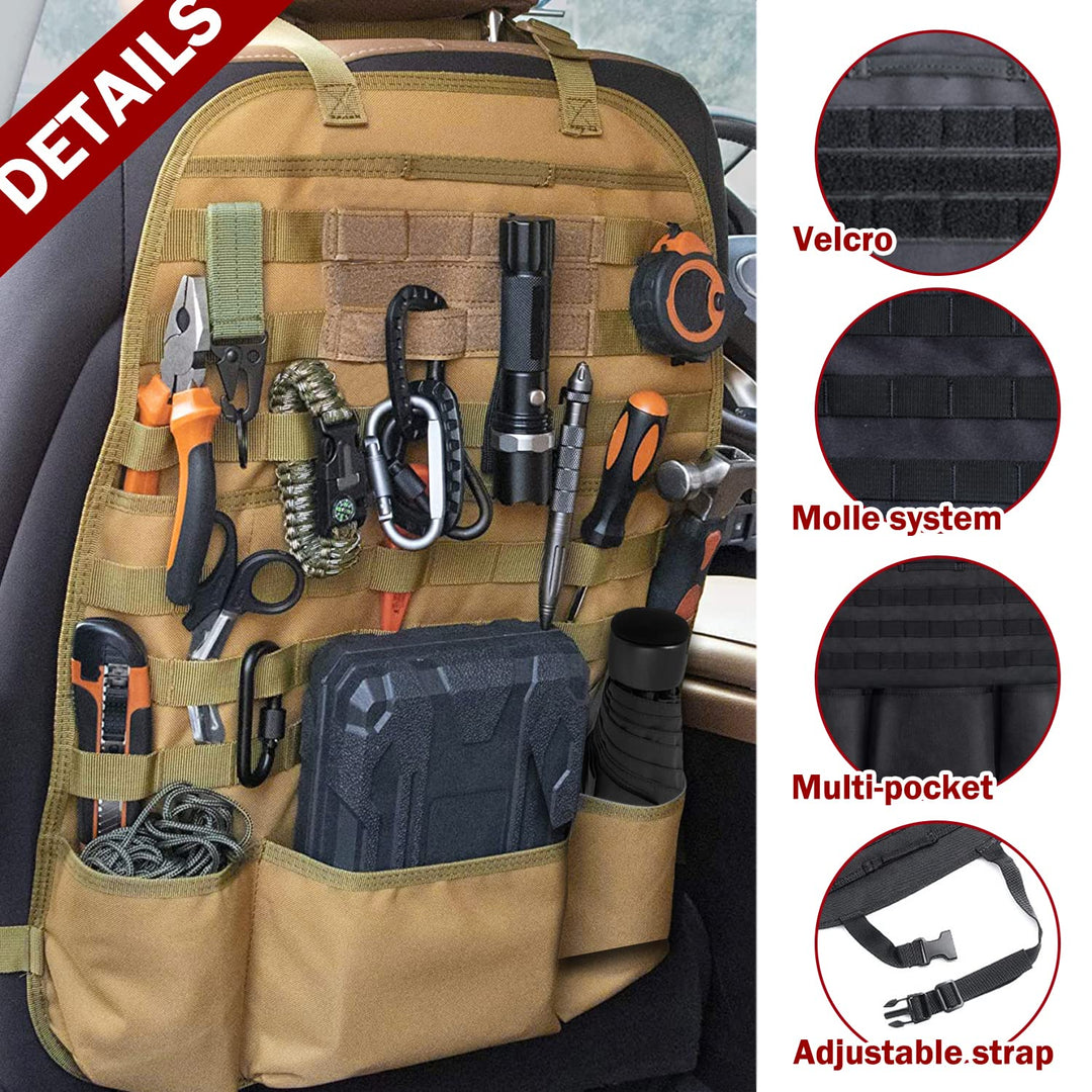 Car Seat Back Organizer, Universal Tactical Molle Vehicle Panel Cover Protector with Multiple Pockets for Truck SUV MPV Saloon Van(Single-Black)