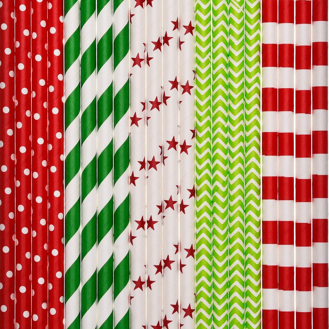 Paper Straws Decorative Drinking Straws for New Year, 125 Pieces, Multi Patterns, Green and Red