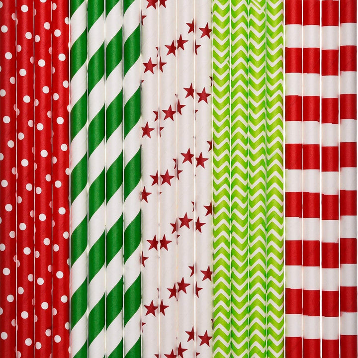 Paper Straws Decorative Drinking Straws for New Year, 125 Pieces, Multi Patterns, Green and Red