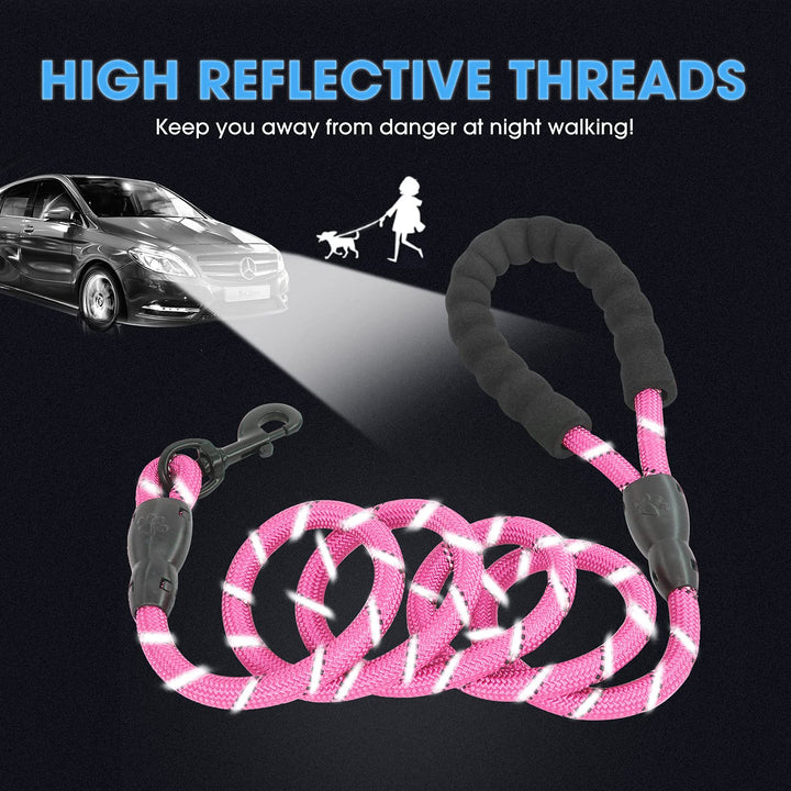 2/4/5/6 FT Dog Leash with Comfortable Padded Handle and Highly Reflective Threads for Small Medium and Large Dogs (5FT-1/2'', Pink)