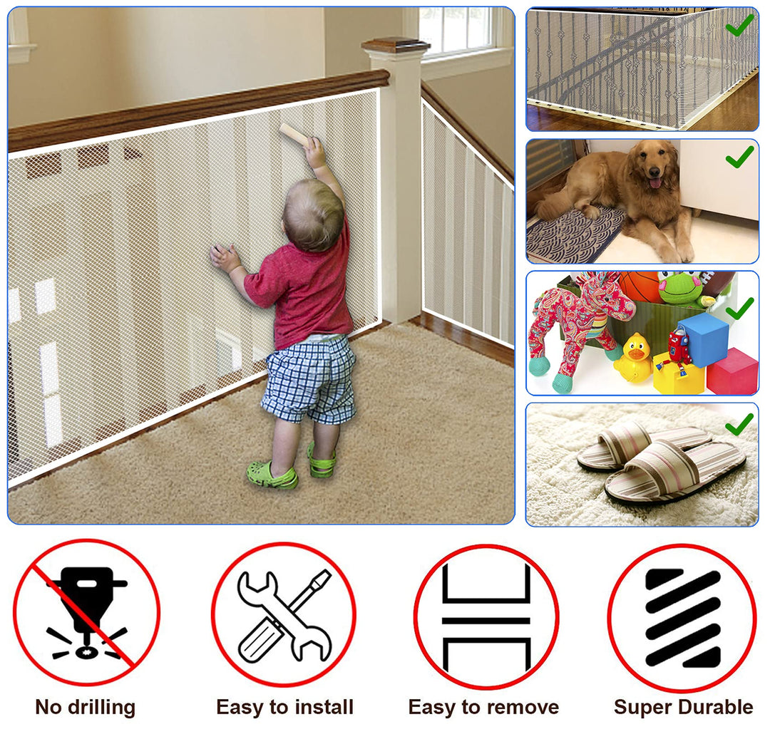 Baby Gate for Stairs, Banister Guard for Kids, Pets, Toys, 15ft L x 2.66 ft H, Mesh Netting Safety Net for Balcony Rail Stair, Stairway Net Baby Safety Products for Indoor & Outdoor (White)
