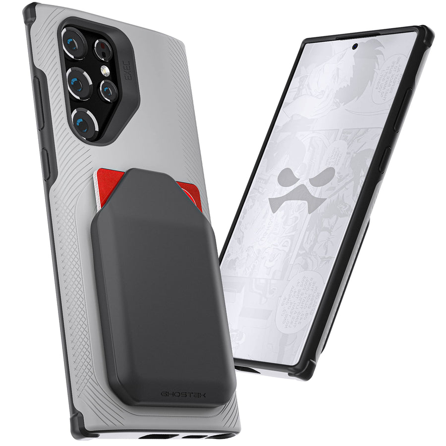 EXEC Samsung S22 Ultra 5G Case - Wallet Card Holder, Magnetic Car Vent Mount & Wireless Charging Compatible (Gray)