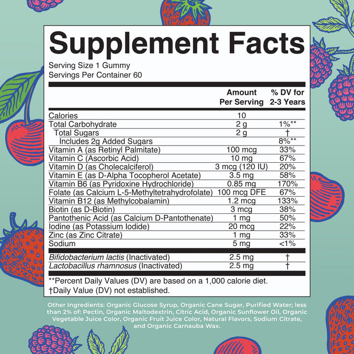Toddler Multivitamin Gummies + Postbiotics | USDA Organic | Vitamins for Kids Ages 2+ | Immune Support | Vitamin C | Vitamin D3 | Vitamin A | Zinc | Vegan | Non-GMO | 60 Servings