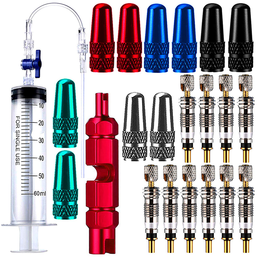 23 Pieces Cycling Syringe Kit, Tubeless Tire Sealant Syringe with Switch, Bicycle Presta Valve Core Removal Tool, 10 Presta Valve Cap Fit for Stans No Tubes Sealant and More