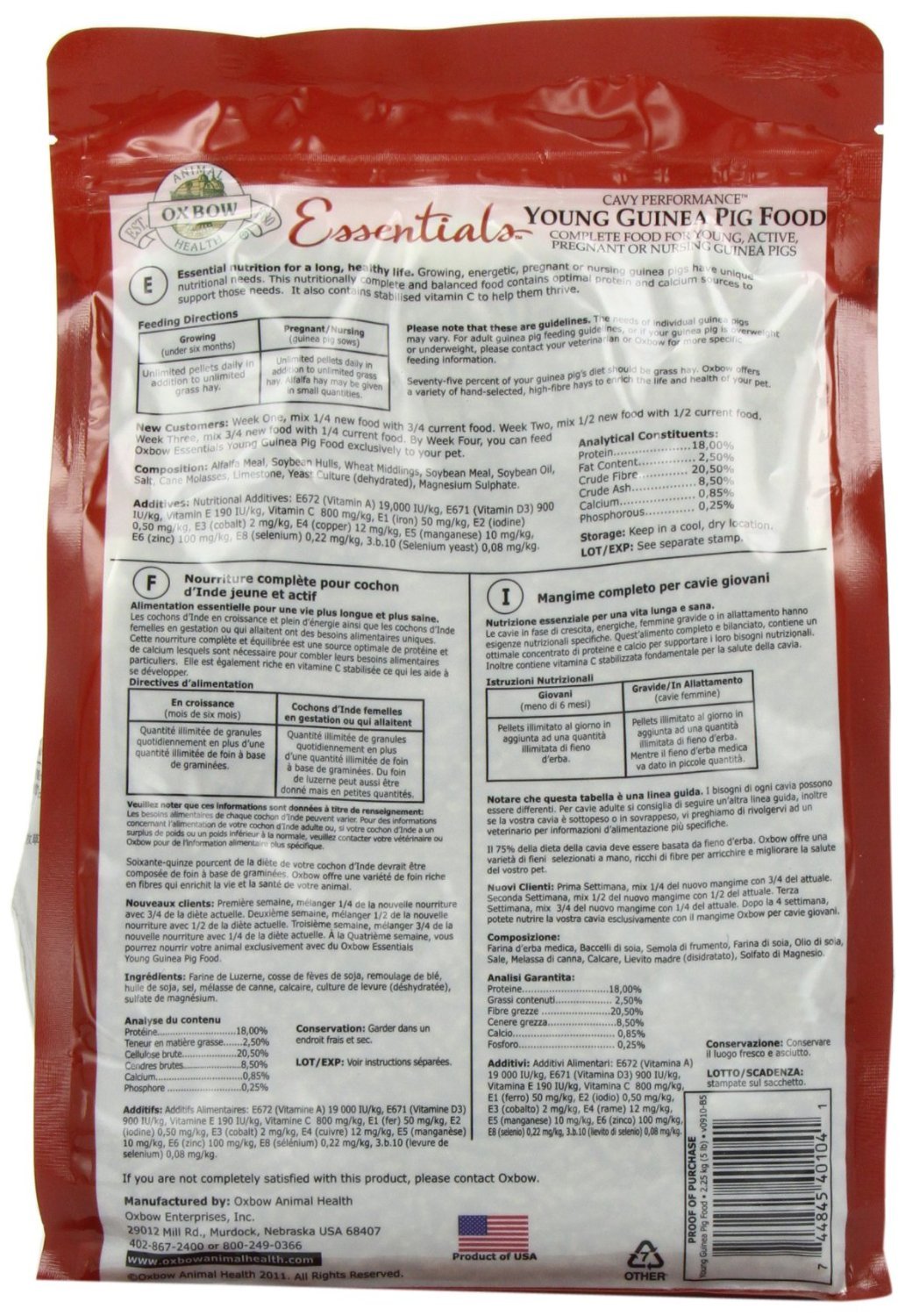 Essentials Guinea Pig Food, Young Guinea Pig, Made Alfalfa Hay, Pet Food Pellets with Vitamin C, Small Animal Pet Products, Made in USA, High Fiber, 5 lb. Bag