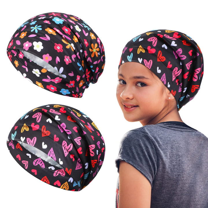 2 Pcs Satin Lined Hair Bonnet for Sleeping Kids Gift for Christmas Sleep Cap Head Scarf Curly Hair with Elastic Band(Cute Pattern) Multicoloured