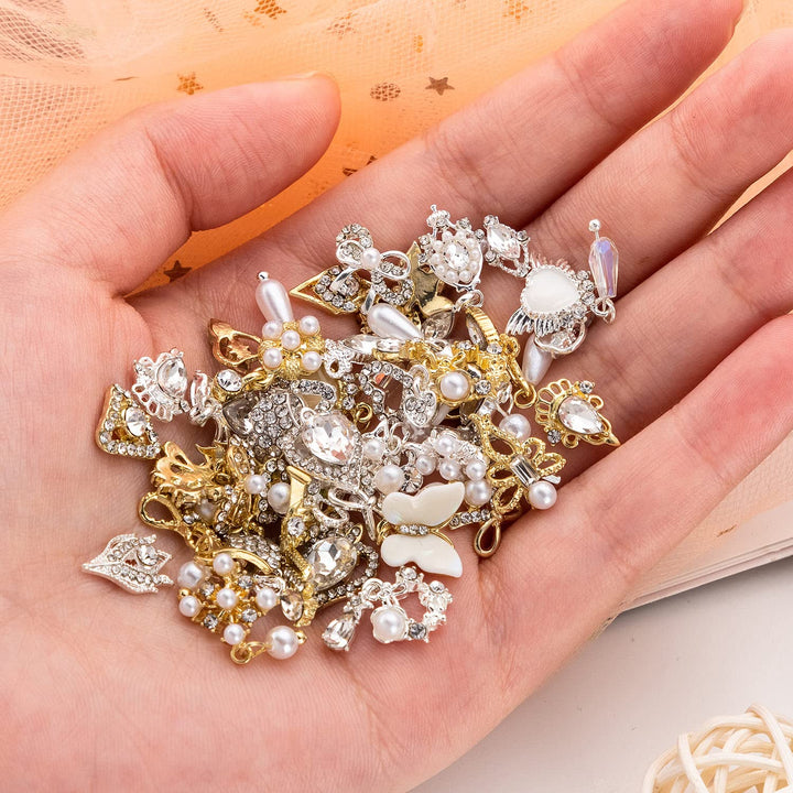 48PCS 3D Bow Nail Art Charms Rhinestones, Luxury Metal Crystal Diamonds with Pearls for Nail Design, Dazzling Heart Butterfly Pendant Gems for DIY Salon Manicure Decoration Jewelry Crafting