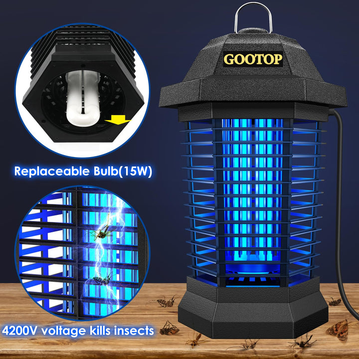 Bug Zapper Outdoor, Mosquito Zapper, Electric Fly Zapper, Mosquito Killer, Fly Traps, 3 Prong Plug, Flying Insects Zapper Indoor Outdoor 90-130V, 4200V, ABS Plastic Outer (Black)