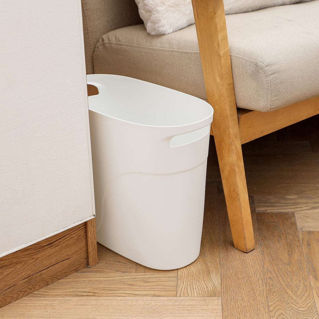 Plastic Small Trash Can Slim Waste Basket with Handles 3.2 Gallon Narrow Garbage Container Bin for Bathroom, Bedroom, Kitchen, Home Office Under Desk, Dorm, Laundry Room, Kids Room, White 2 Pack