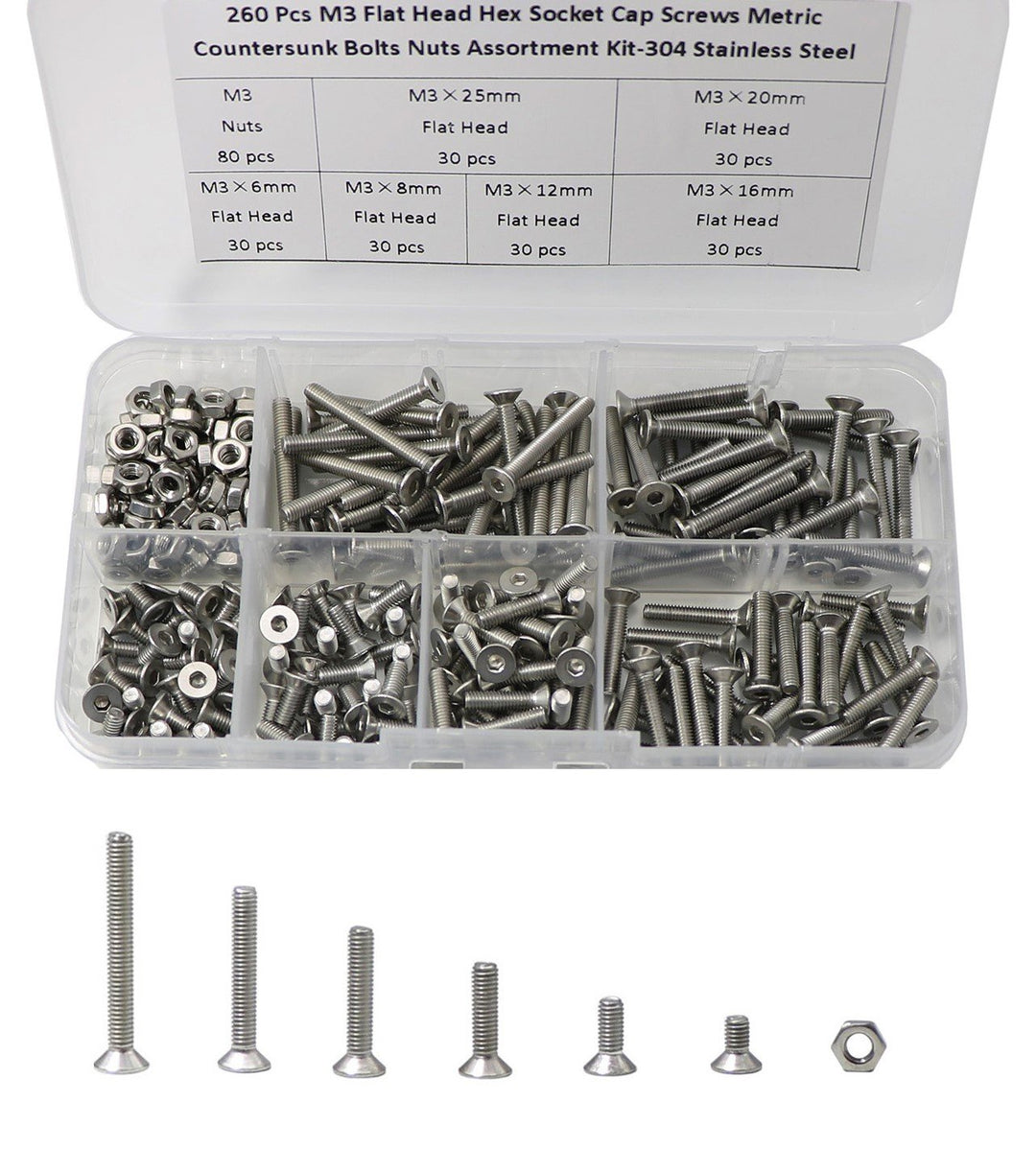 260 Pcs M3 Hex Socket Flat Head Countersunk Bolts Screw Nut Assortment Kit-304 Stainless Steel