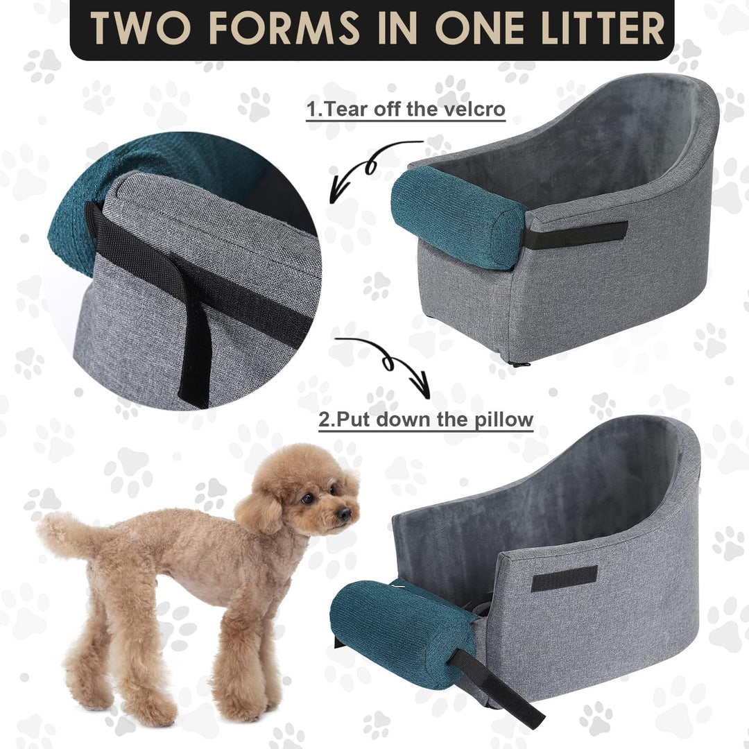 Pet Car Booster Seat - Small Dogs Armrest Booster Seat for Middle Console, Grey and Blue