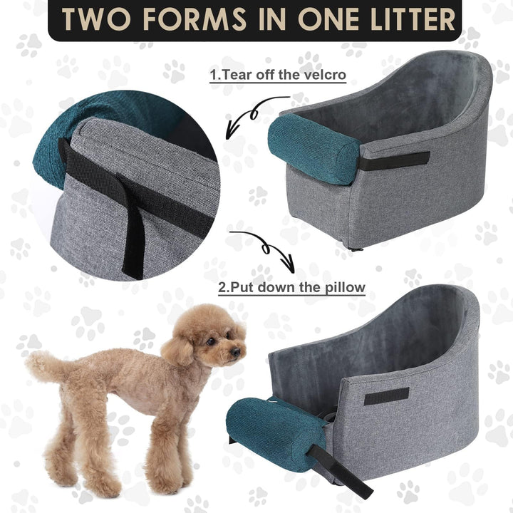 Pet Car Booster Seat - Small Dogs Armrest Booster Seat for Middle Console, Grey and Blue