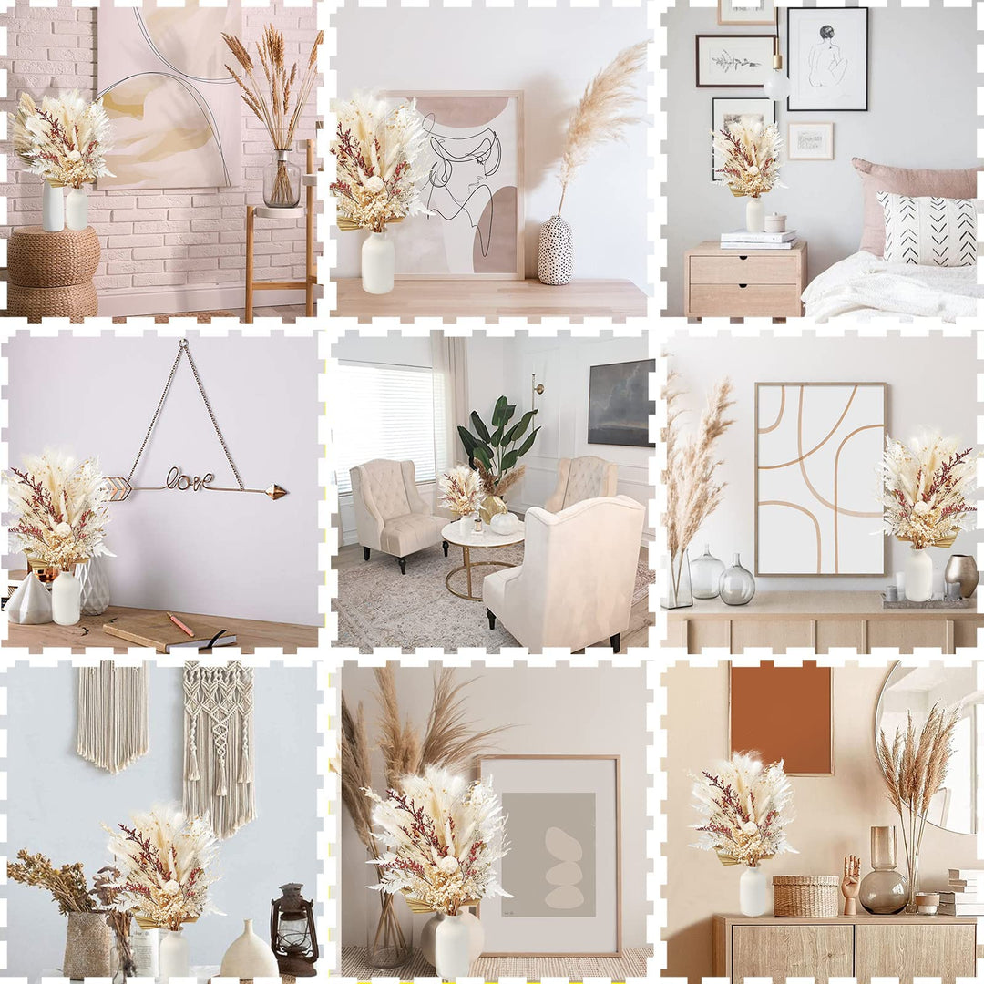Pampas Grass, Natural Dried Pampas Grass, Dried Flowers Bouquet Arrangements for Home Wedding Decor (17/45cm Tall, D- Dried Pampas & Palm/Fern Leaf Bouquet)
