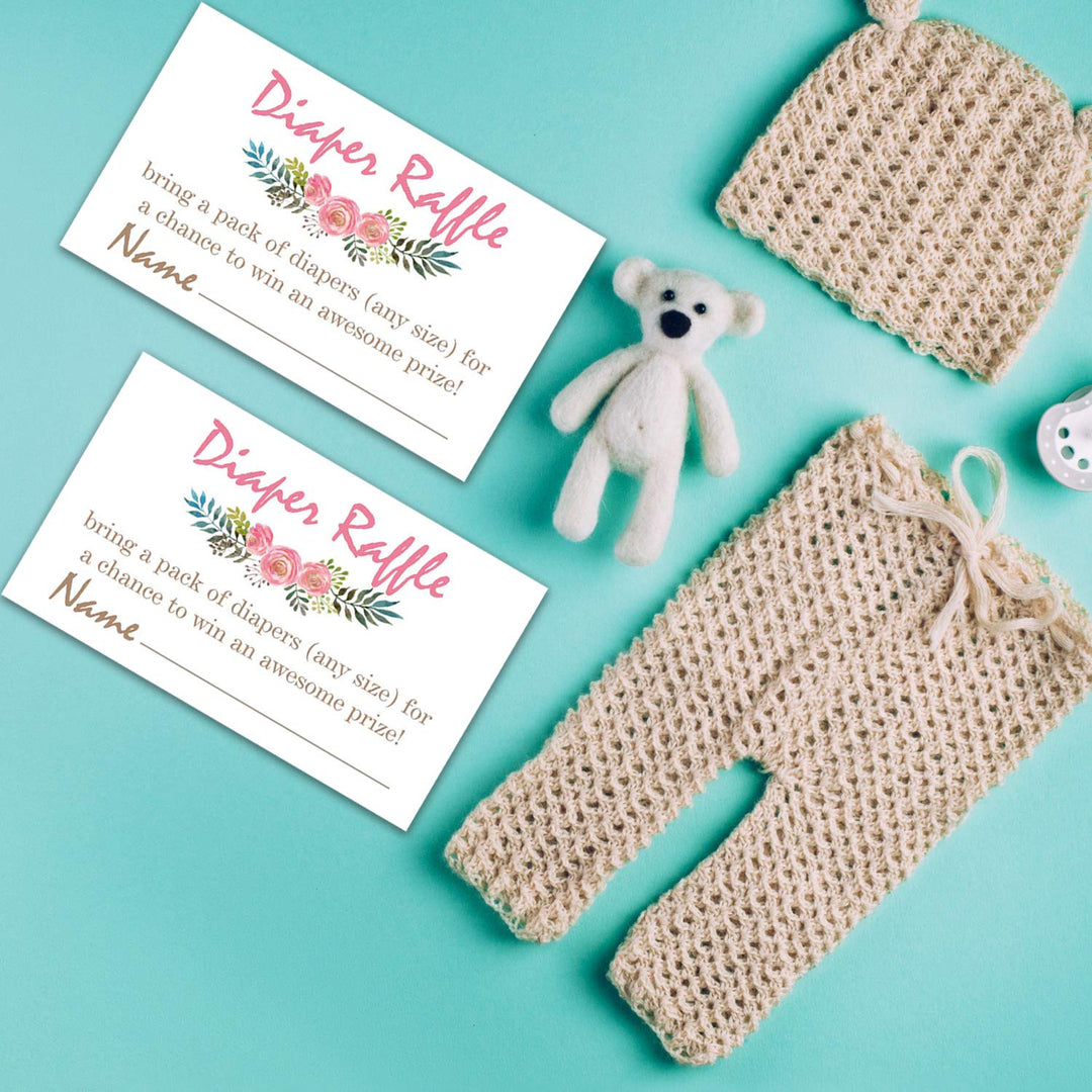 Pink Flowers Diaper Raffle Tickets for Baby Shower Invitation Inserts - 50 Baby Shower Game Cards.