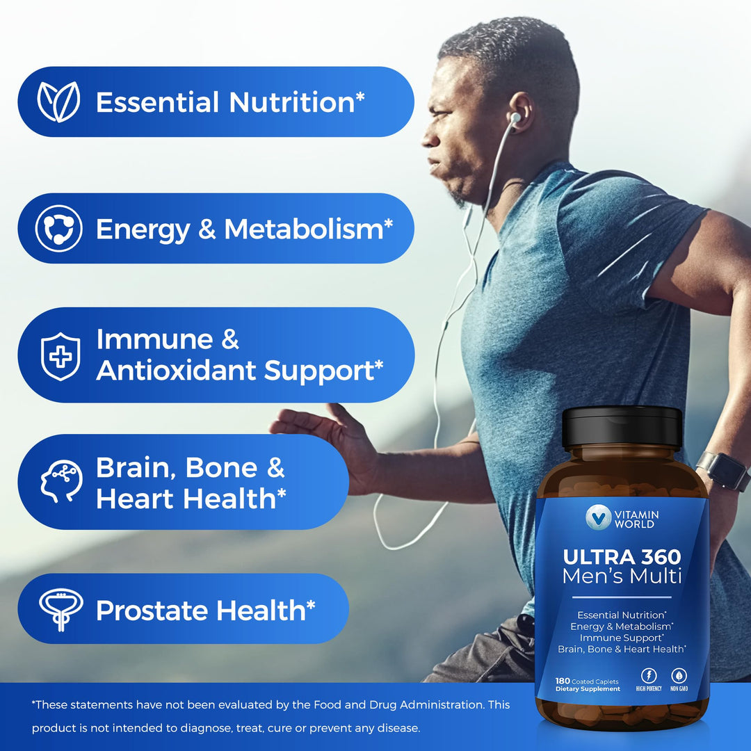 Ultra 360 Multivitamin for Men, Men's Multivitamin with Herbs & Antioxidants for Energy & Performance, Supplement with Vitamin A, C, D, E, B12 & Zinc for Immune Support, 180 Caplets