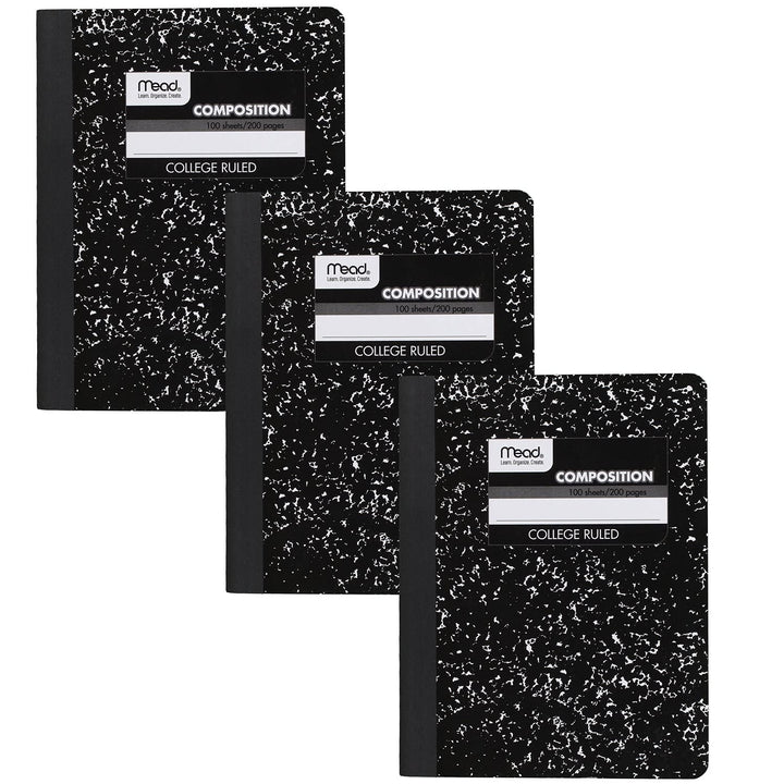 Composition Notebooks, 3 Pack, College Ruled Paper, 9-3/4 x 7-1/2, 100 Sheets per Comp Book, Black Marble (38111)