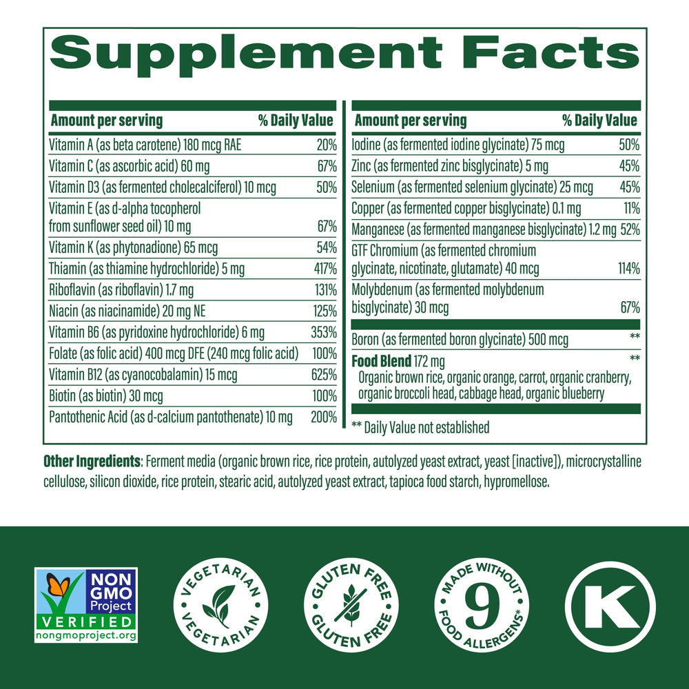 One Daily Iron Free Multivitamin - Multivitamin for Women and Men - with Real Food - Immune Support Supplement - Bone Health - Energy Metabolism - Vegetarian; Non-GMO; No Iron - 60 Tablets