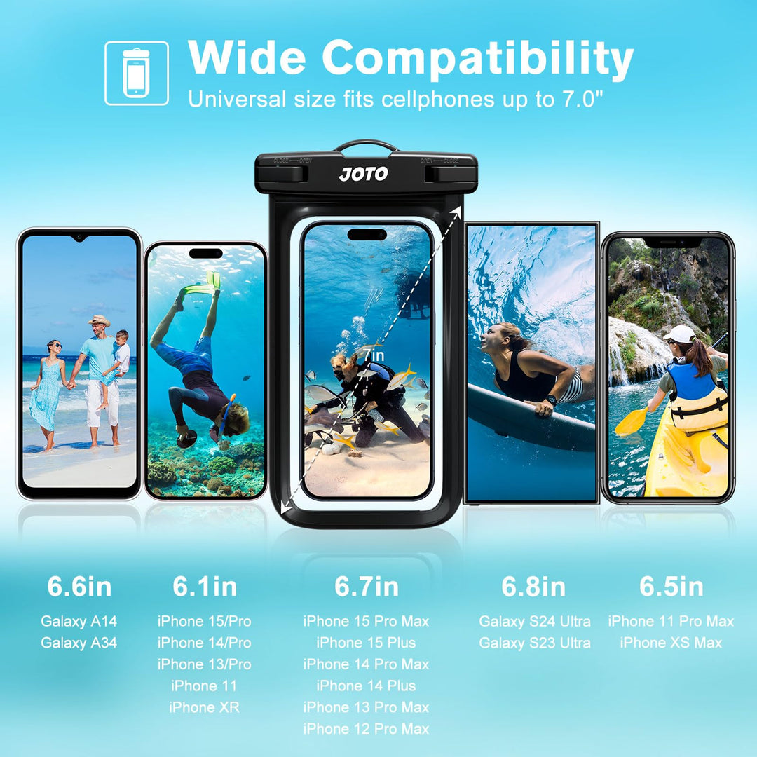Universal Waterproof Pouch Case for iPhone 16 15 14 13 Plus Pro Max, IPX8 Cellphone Dry Bag 12 11 Pro Max XR X 8 7 6S Plus SE, Galaxy S23 S22 S21 S20+ S20 S10 Plus Note, Pixel up to 7 -Black