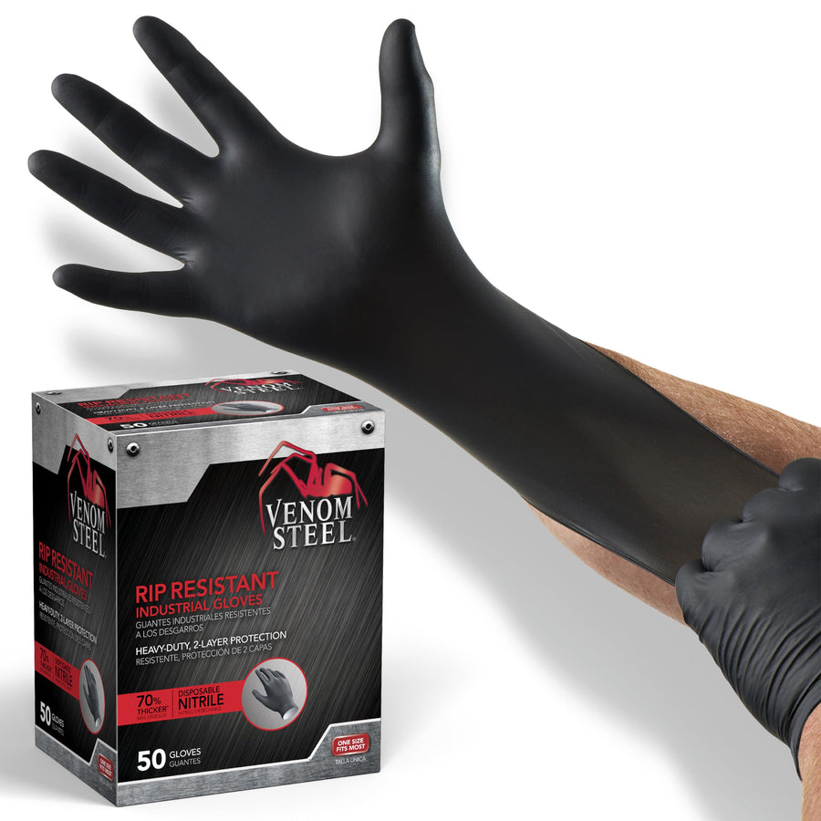 Industrial Nitrile Gloves, Chemical Resistant Disposable Black Gloves, Latex-Free, Powder-Free, Textured Grip, Heavy Duty Two-Layer Protection, 6 mil, One Size Fits Most, 100 Count