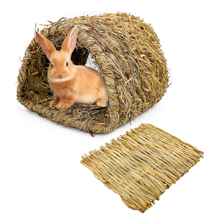 Bunny Grass Tunnel,Rabbit Grass Bed,Natural Straw Woven Mat Winter Warm Hideaway Hut for Rabbit Gerbil Ferrets Guinea Pig Chinchilla (Small).